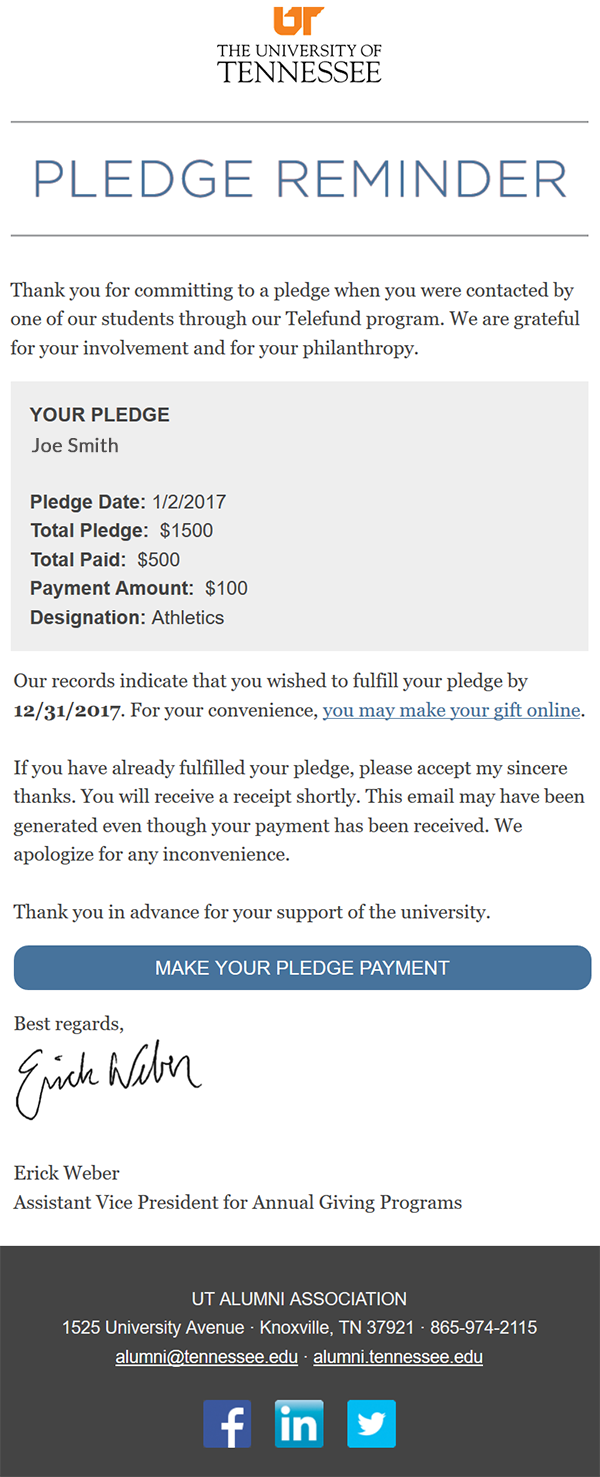Imodules Pledge Reminder Email The University Of Tennessee
